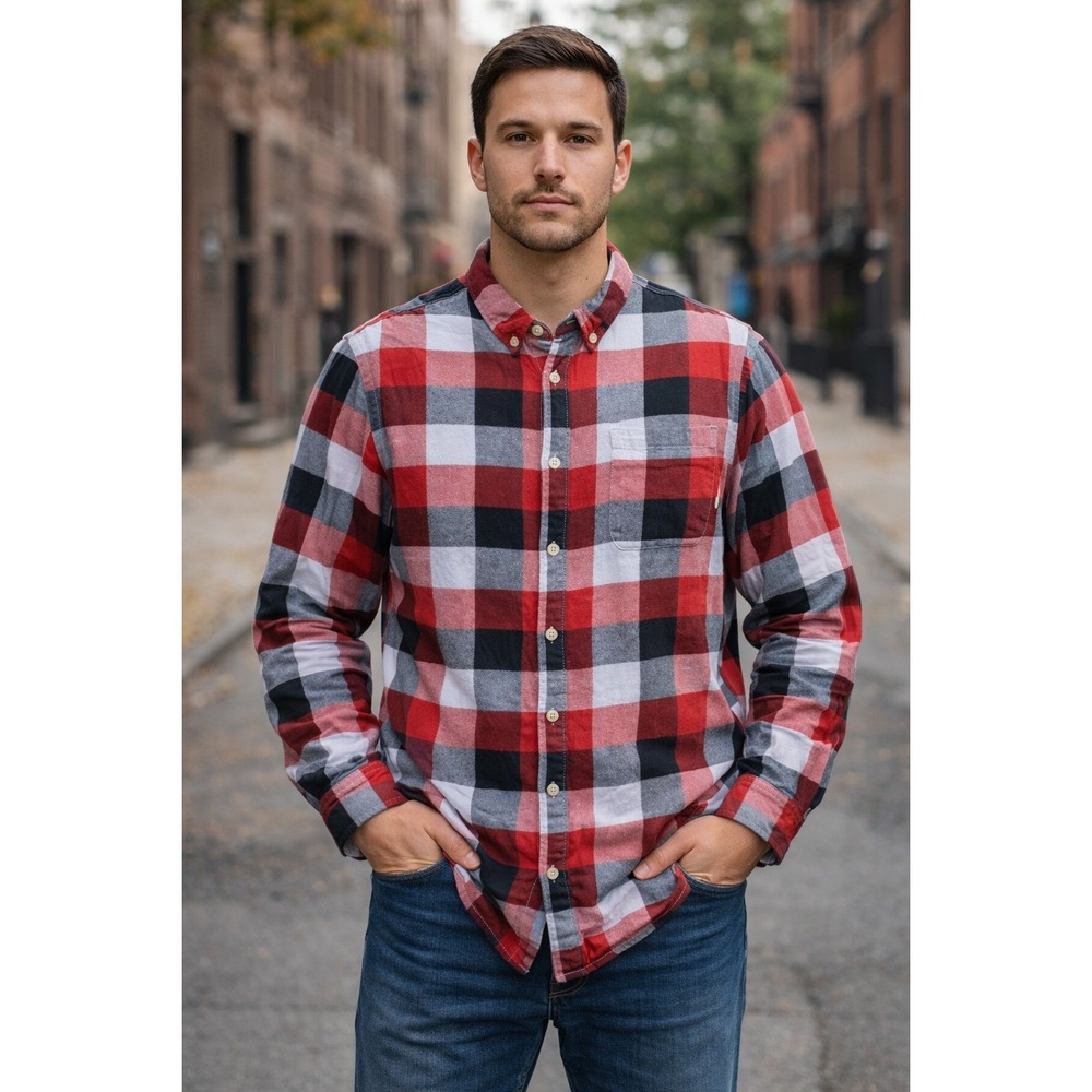 Eddie Bauer Button Up Mens Sz XL Buffalo Plaid Check Flannel Long Sleeve Preppy